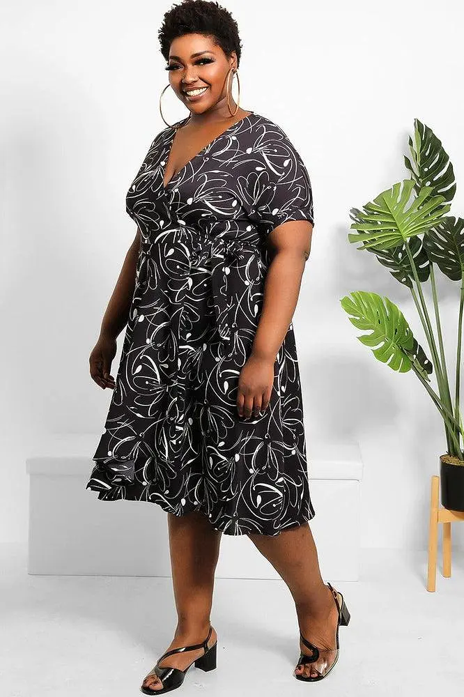 Abstract Floral Print Midi Wrap Dress