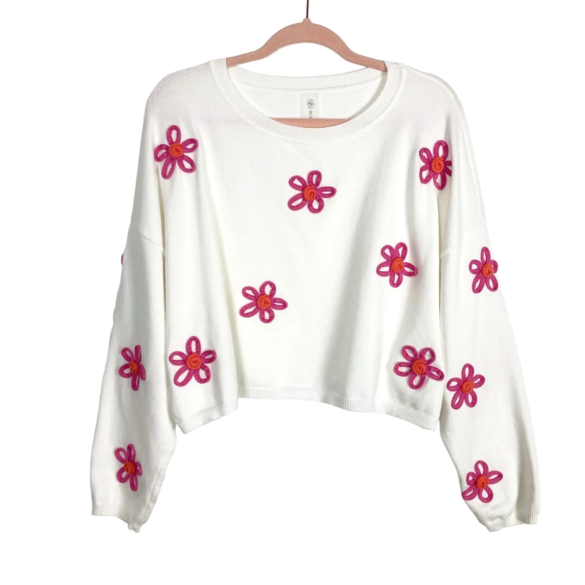 Altar'd State Revival White with Pink Flower Stitch Lounge Sweater- Size M (sold out online, we have matching shorts)