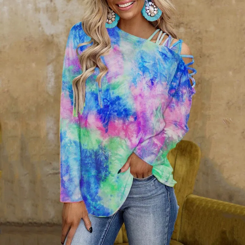 Ashore Shop New Tie-Dye Print Long Sleeve T-shirt Women Off Shoulder Slant Collar Sexy Loose CropTop Oversize Street Blouses Fem