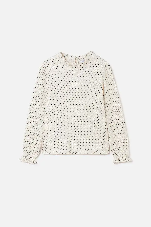 Beige black polka dot ruffle blouse