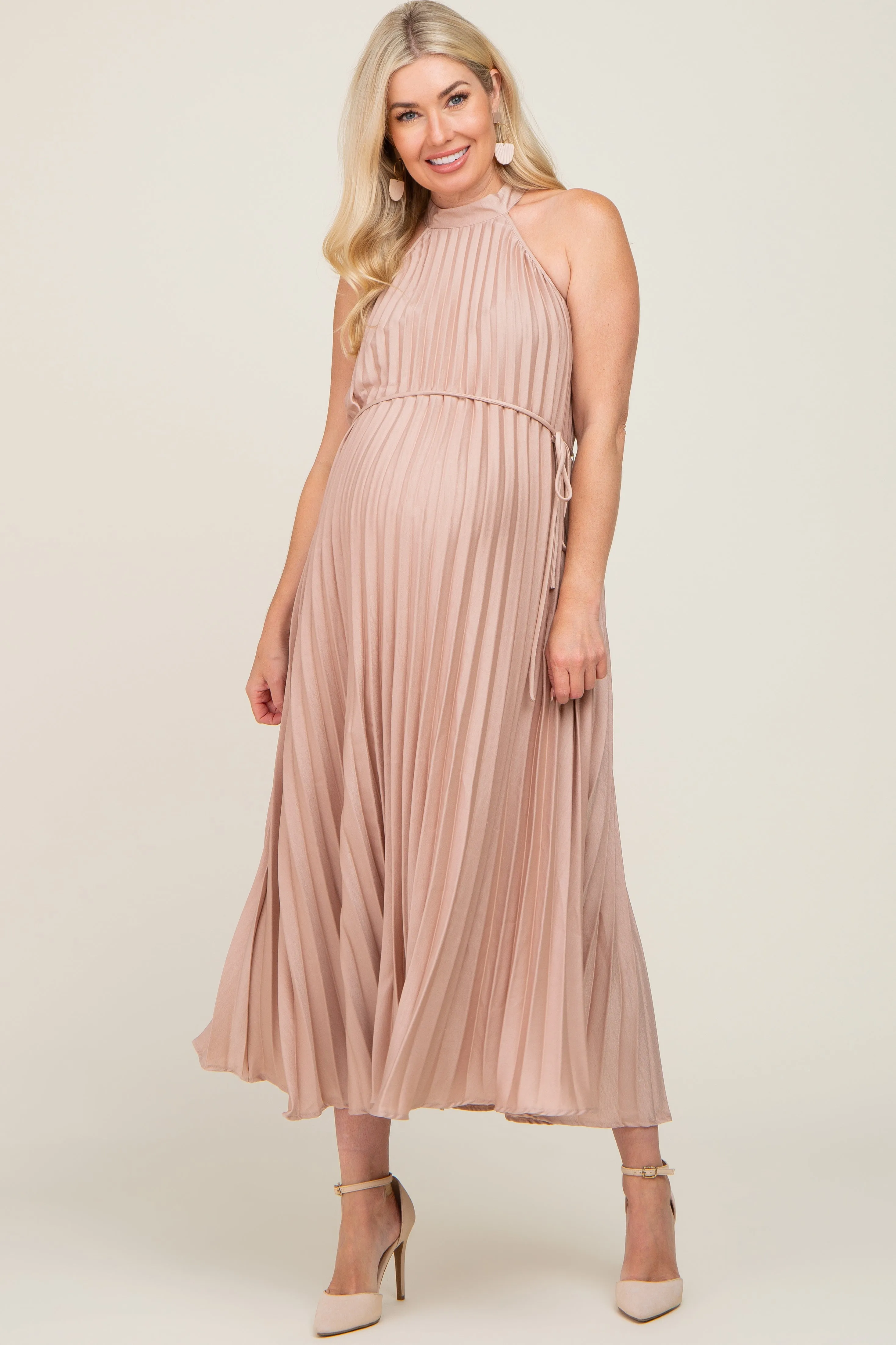 Beige Pleated Maternity Halter Dress