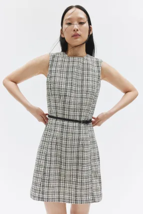 Belted bouclé dress - Round neck - Sleeveless - Light beige/Checked - Ladies | H&M GB