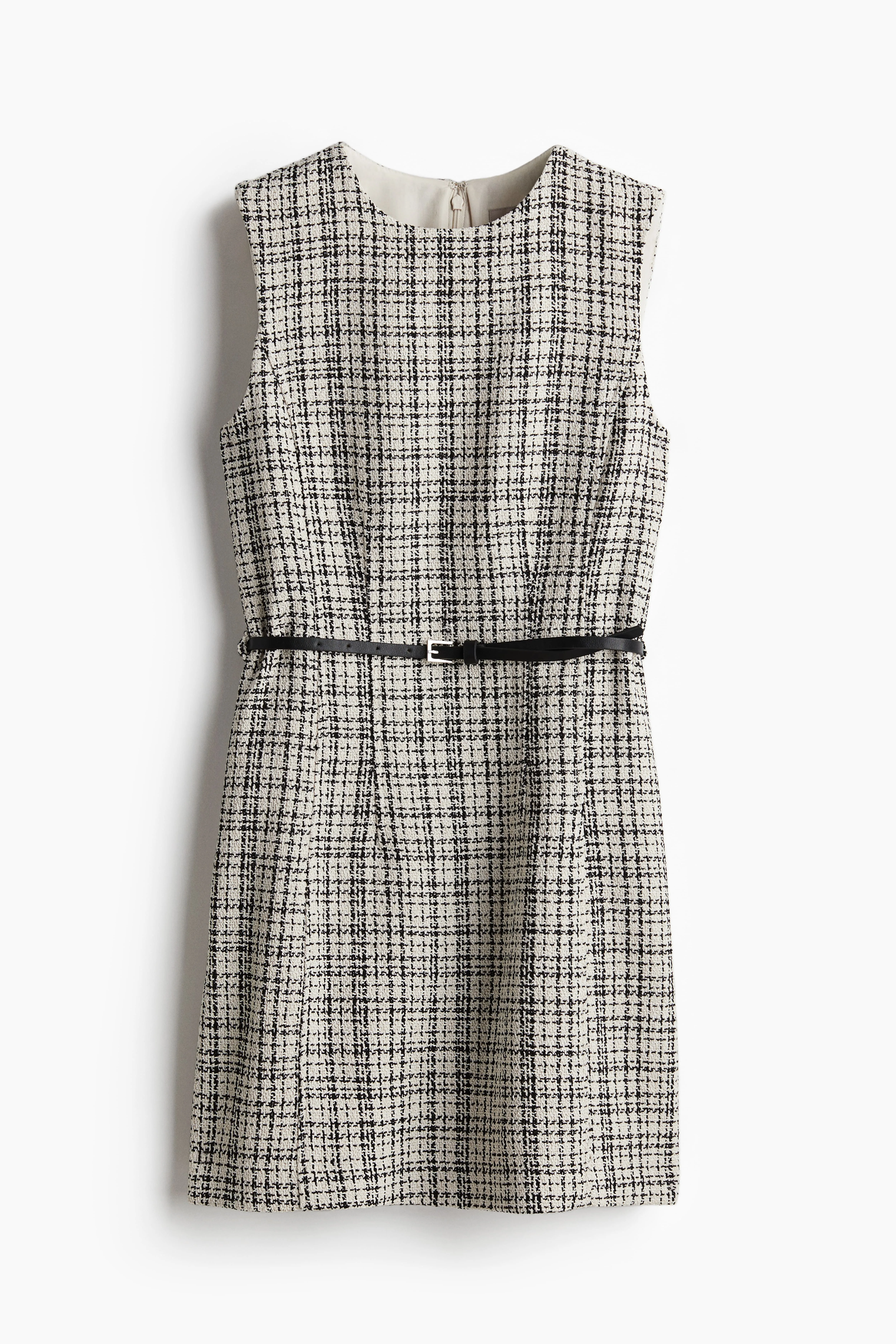 Belted bouclé dress - Round neck - Sleeveless - Light beige/Checked - Ladies | H&M GB