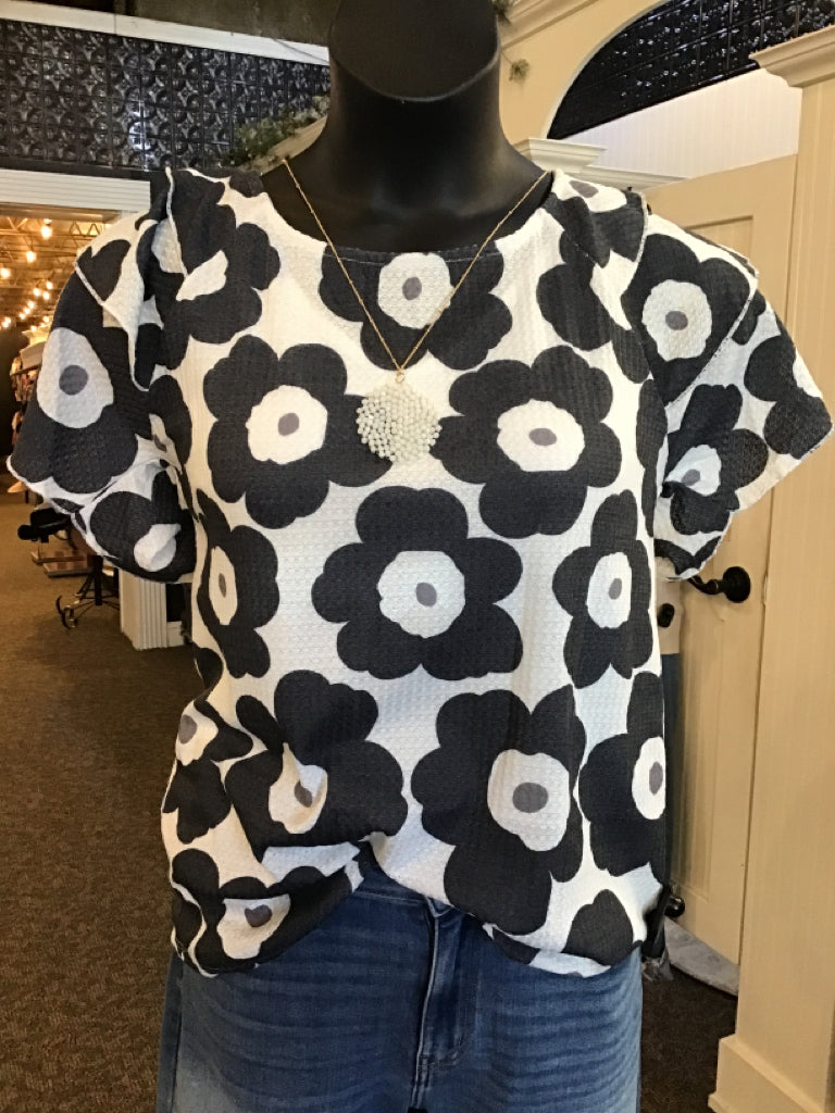 Black & White Floral Ruffle Sleeve T shirt - S to XL