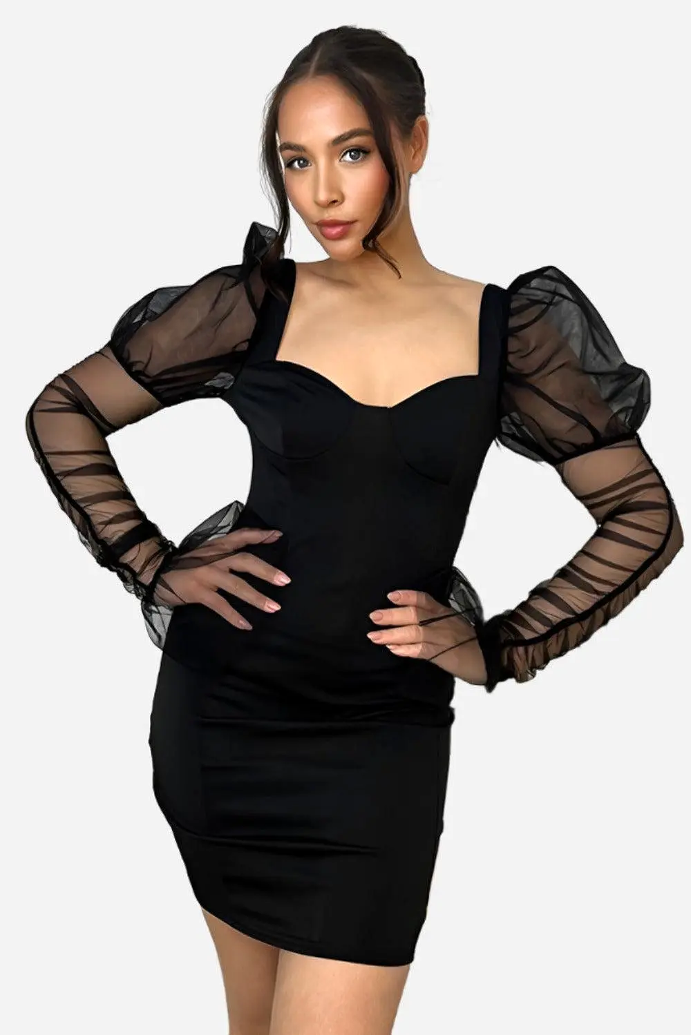 Black Chiffon Sleeves Bodycon Milkmaid Dress