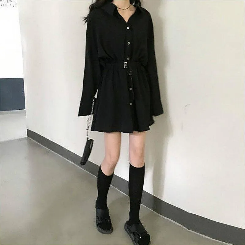 Black Gothic Mini Dress Women Turn-down Collar Button Long Sleeve Elegant Solid Color Streetwear Clothing Hepburn Vestidos Chic