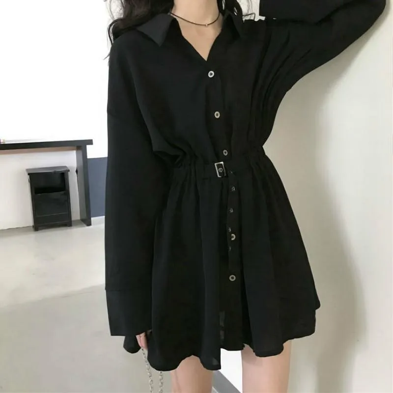 Black Gothic Mini Dress Women Turn-down Collar Button Long Sleeve Elegant Solid Color Streetwear Clothing Hepburn Vestidos Chic