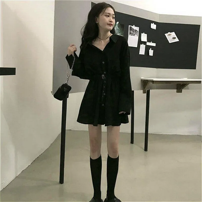 Black Gothic Mini Dress Women Turn-down Collar Button Long Sleeve Elegant Solid Color Streetwear Clothing Hepburn Vestidos Chic