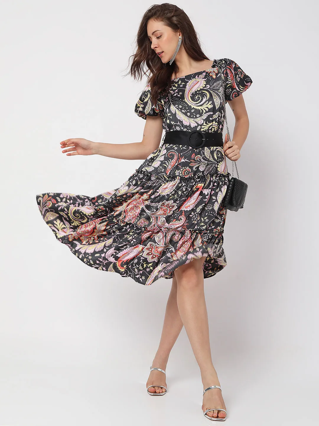 Black Paisley Print Midi Dress