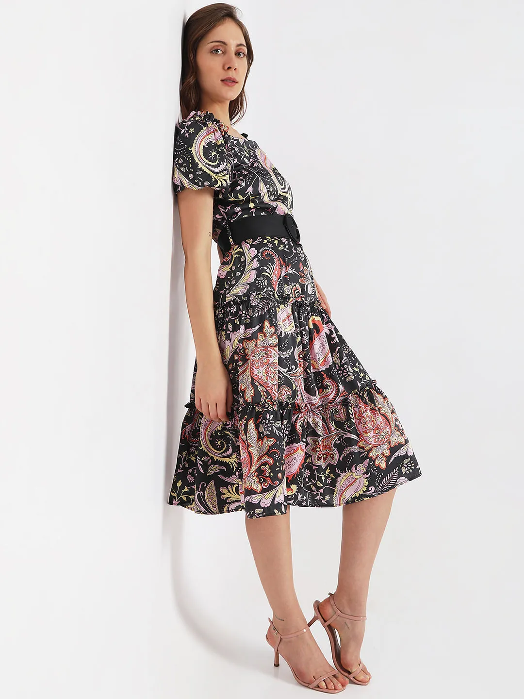 Black Paisley Print Midi Dress