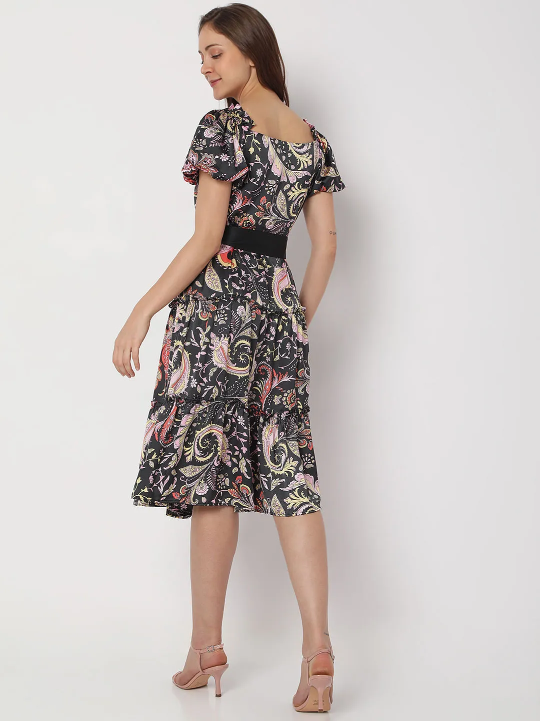 Black Paisley Print Midi Dress