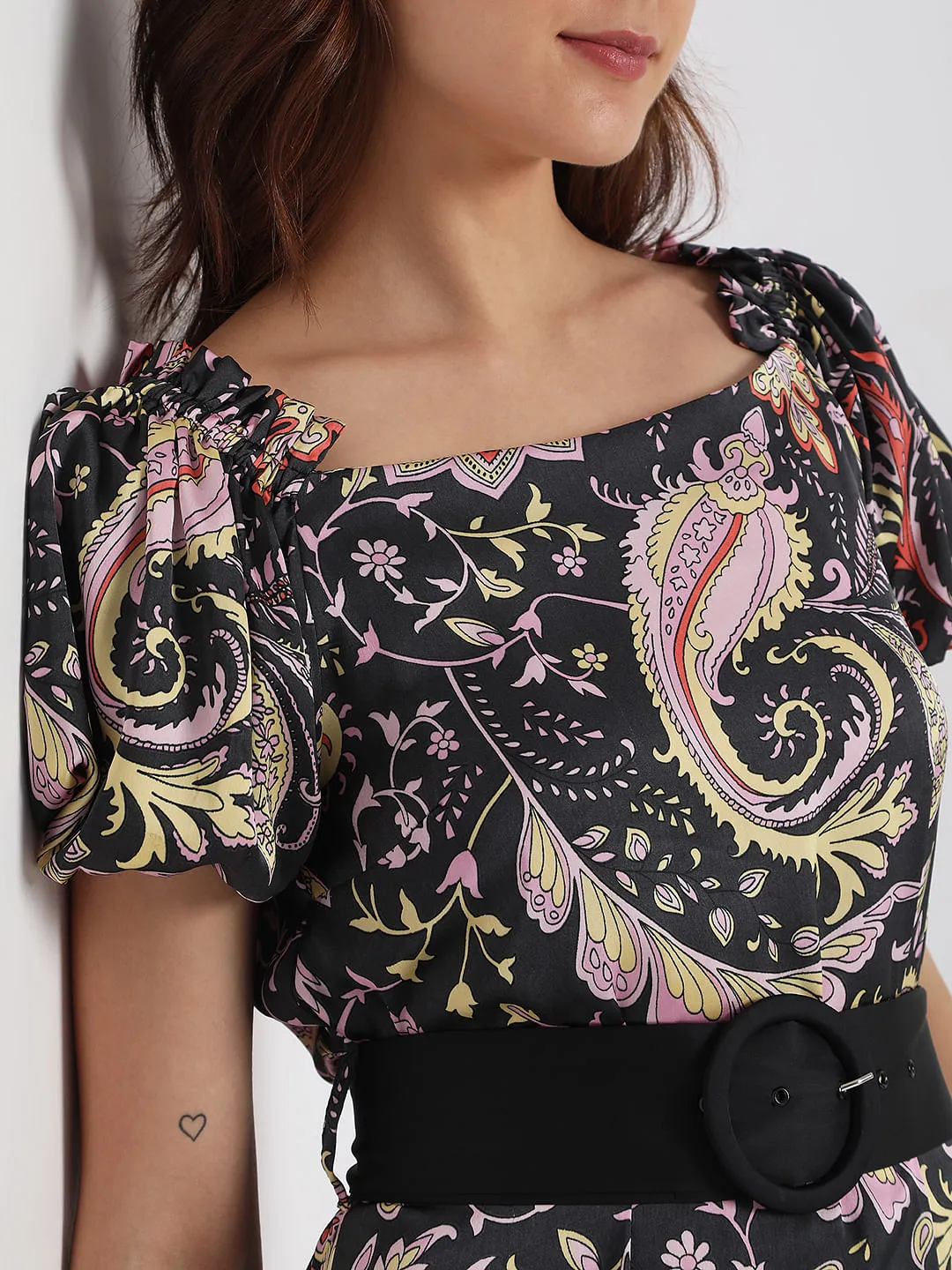 Black Paisley Print Midi Dress