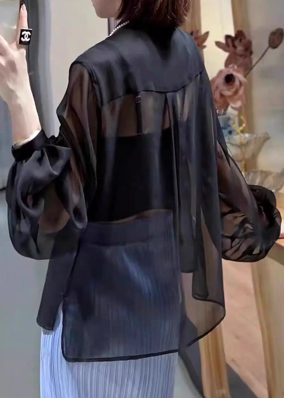 Black Solid Button Chiffon Blouses Stand Collar Lantern Sleeve QA1049