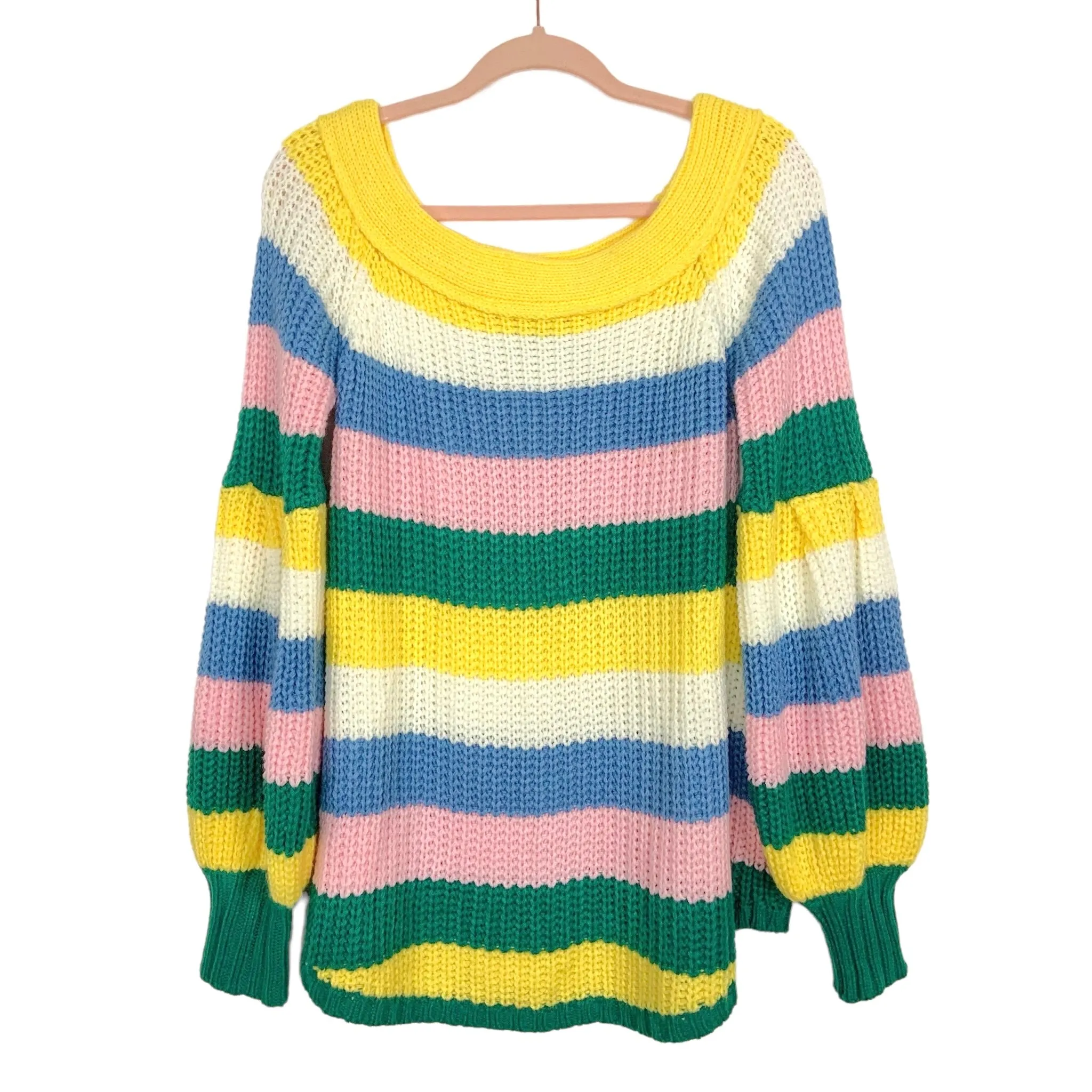 Blue Blush Yellow/Blue/Pink/Green Striped Open Knit Boat Neck Sweater Tunic/Dress- Size S