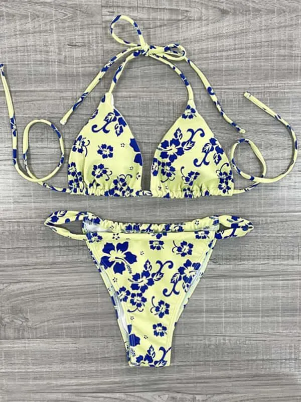 Blue Floral Triangle Top Bikini Set