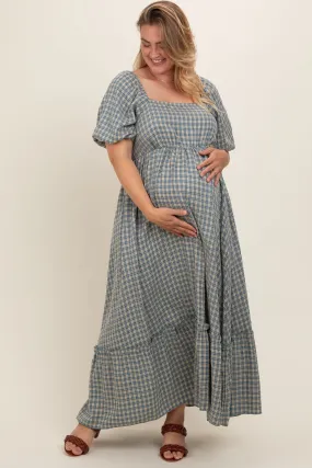 Blue Plaid Puff Sleeve Maternity Plus Maxi Dress