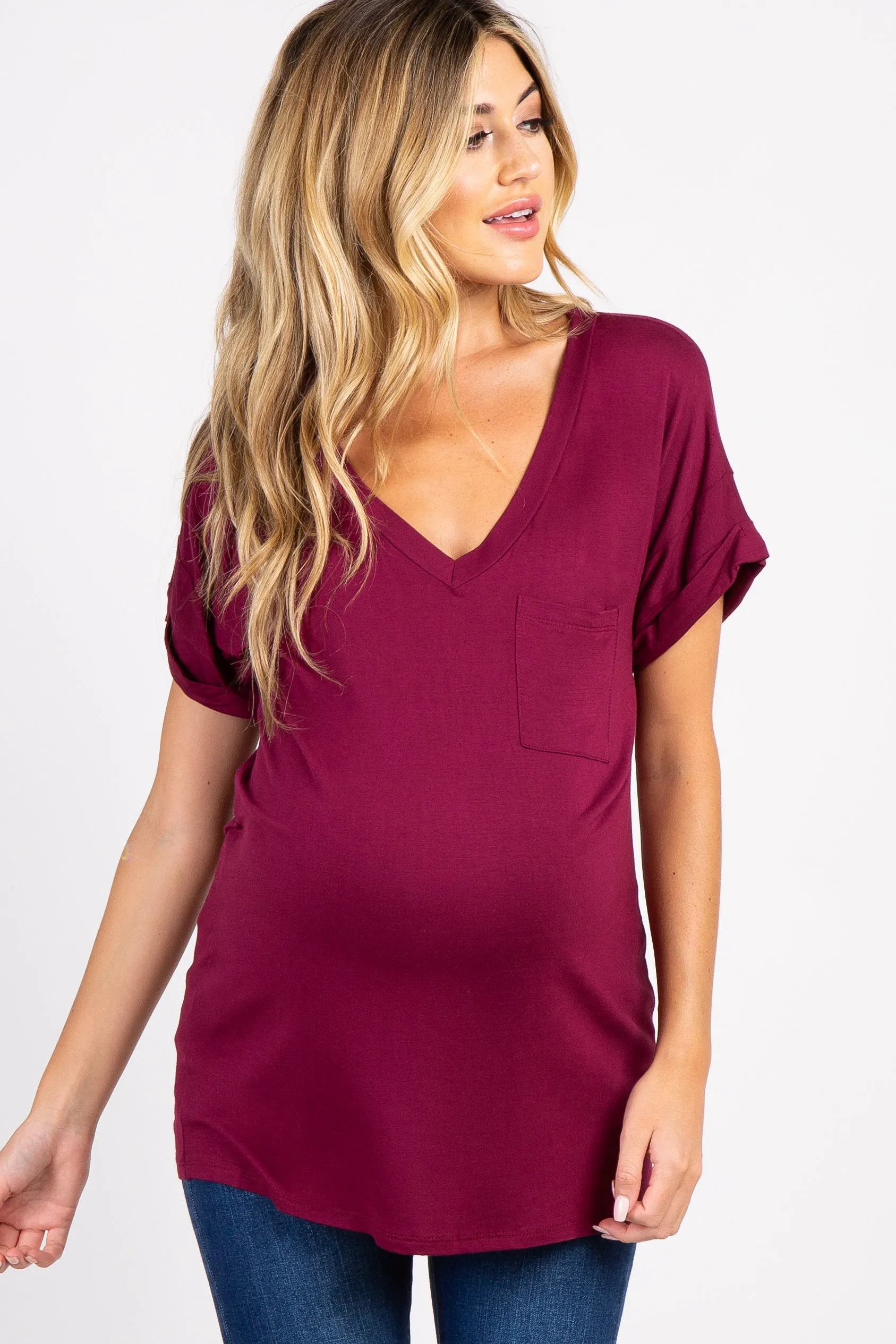 Burgundy Solid Pocket Maternity Top