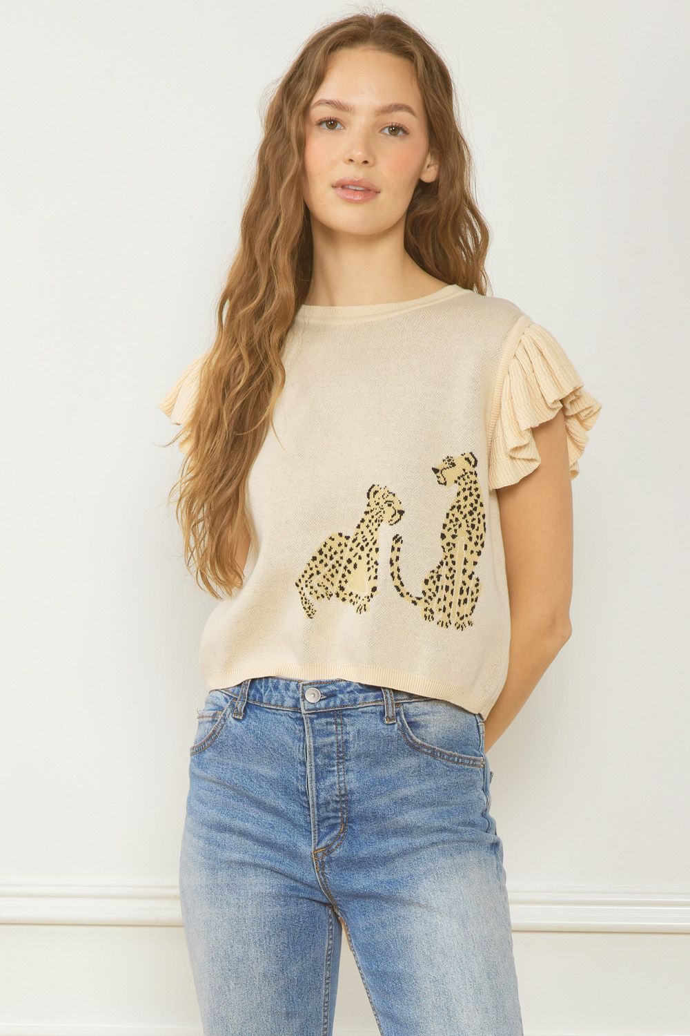 Cheetah Ruffle Sleeve Top - Natural