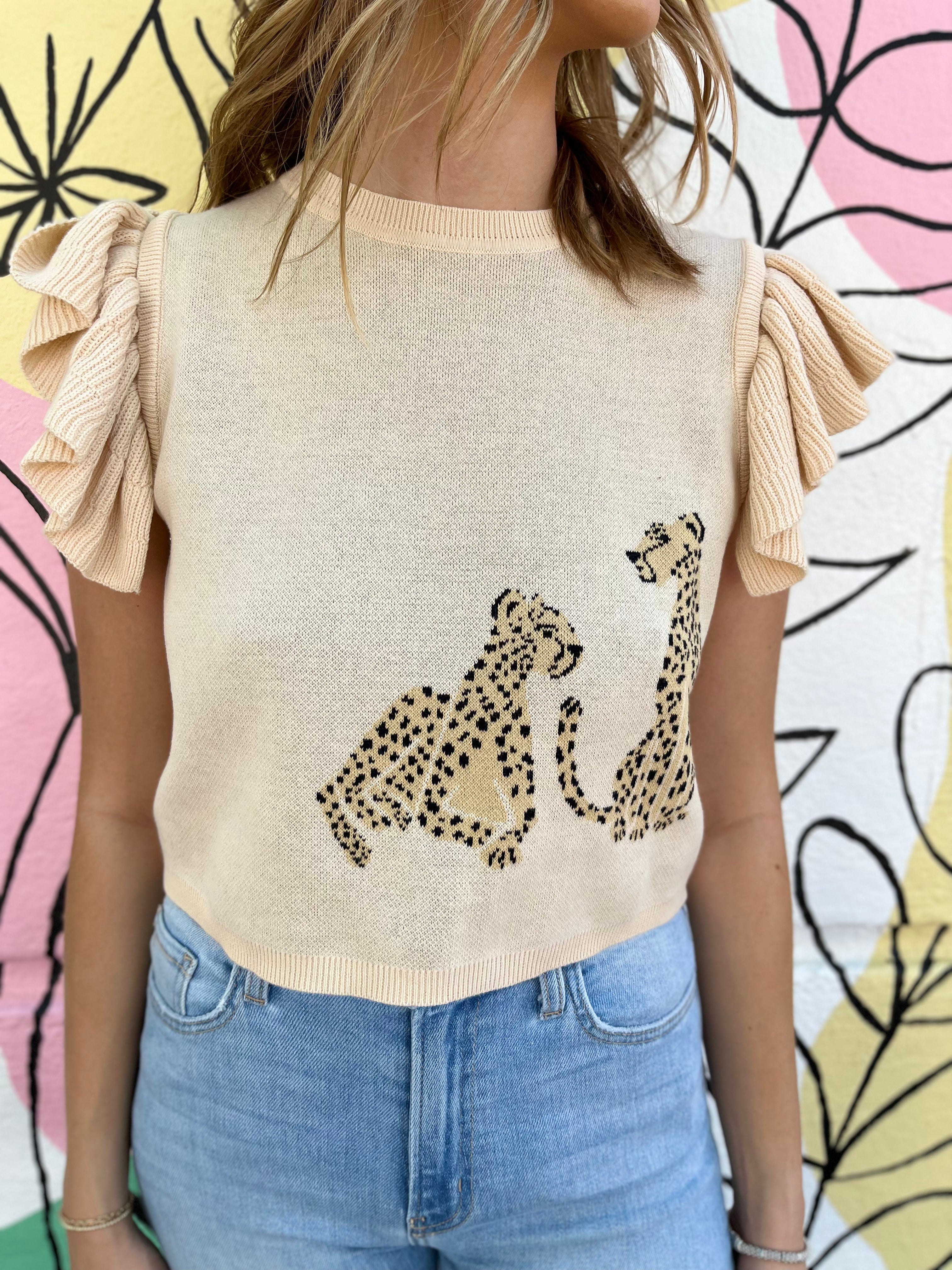 Cheetah Ruffle Sleeve Top - Natural