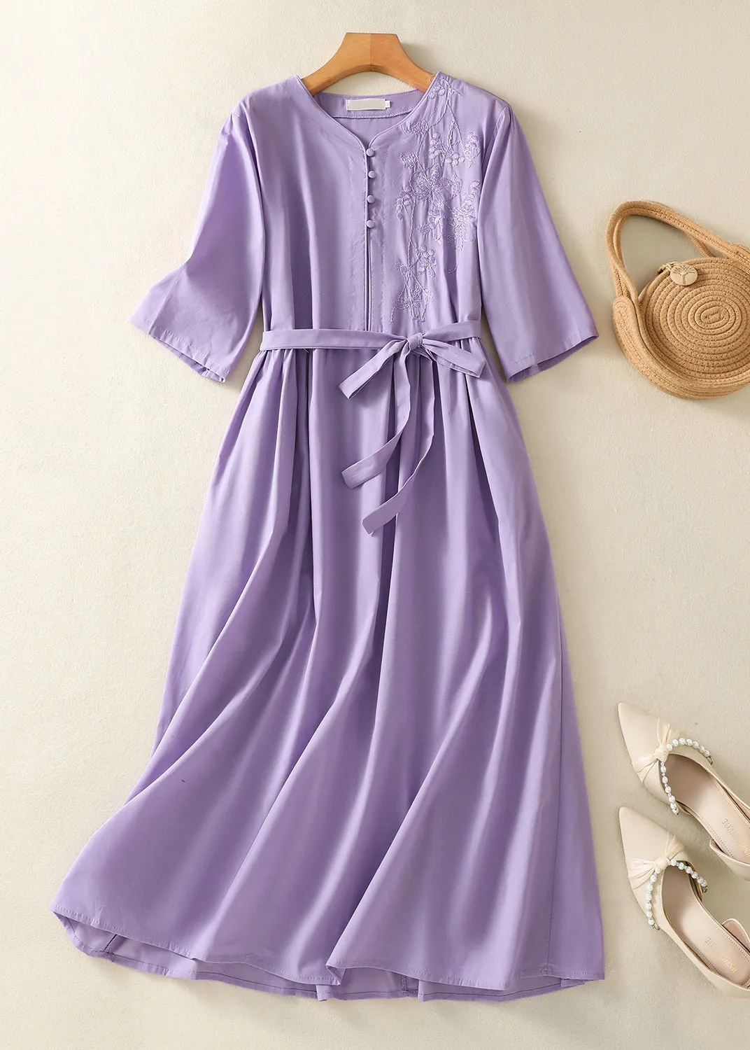 Chinese Style Light Purple Embroidered Tie Waist Cotton Dress Summer