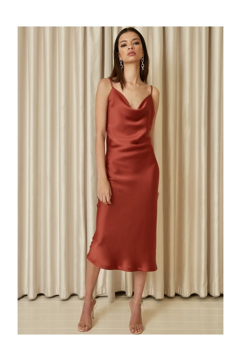 Cowl Neck Satin Slip Cami Midi Dress Rust Red