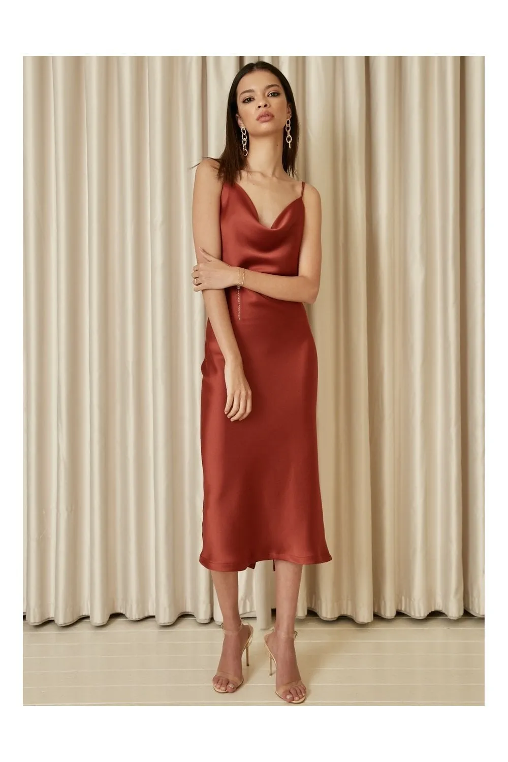 Cowl Neck Satin Slip Cami Midi Dress Rust Red