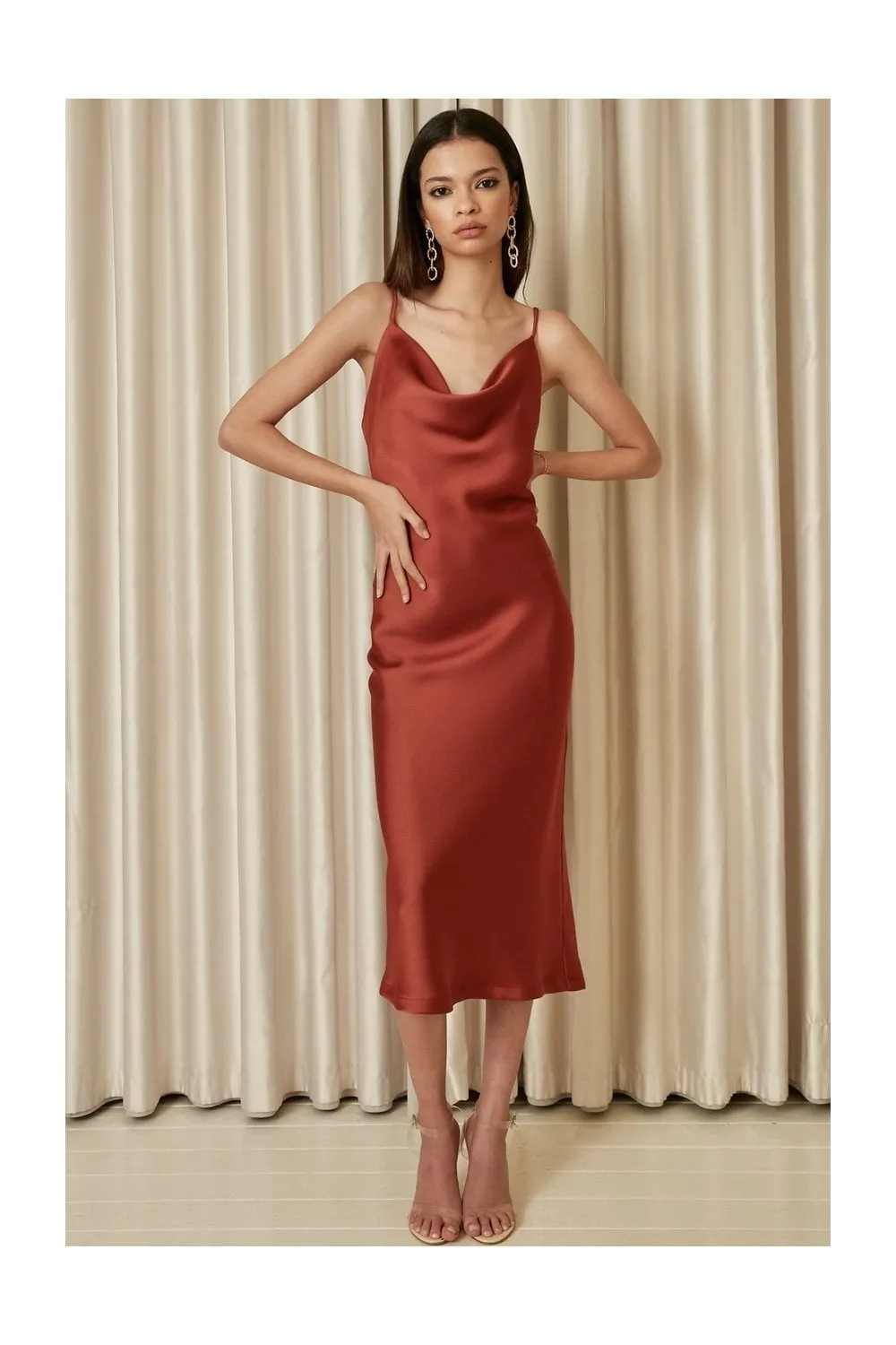 Cowl Neck Satin Slip Cami Midi Dress Rust Red