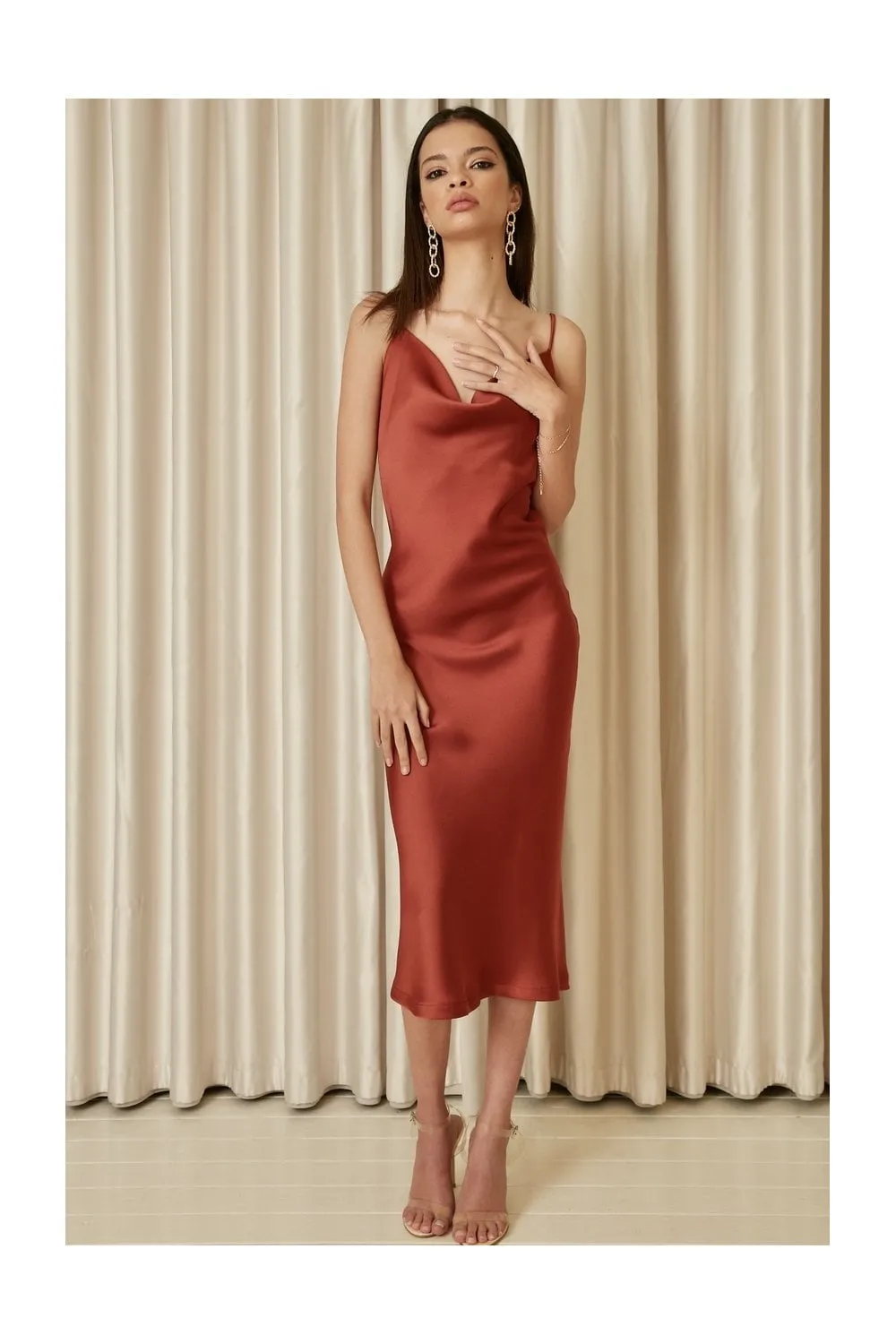 Cowl Neck Satin Slip Cami Midi Dress Rust Red