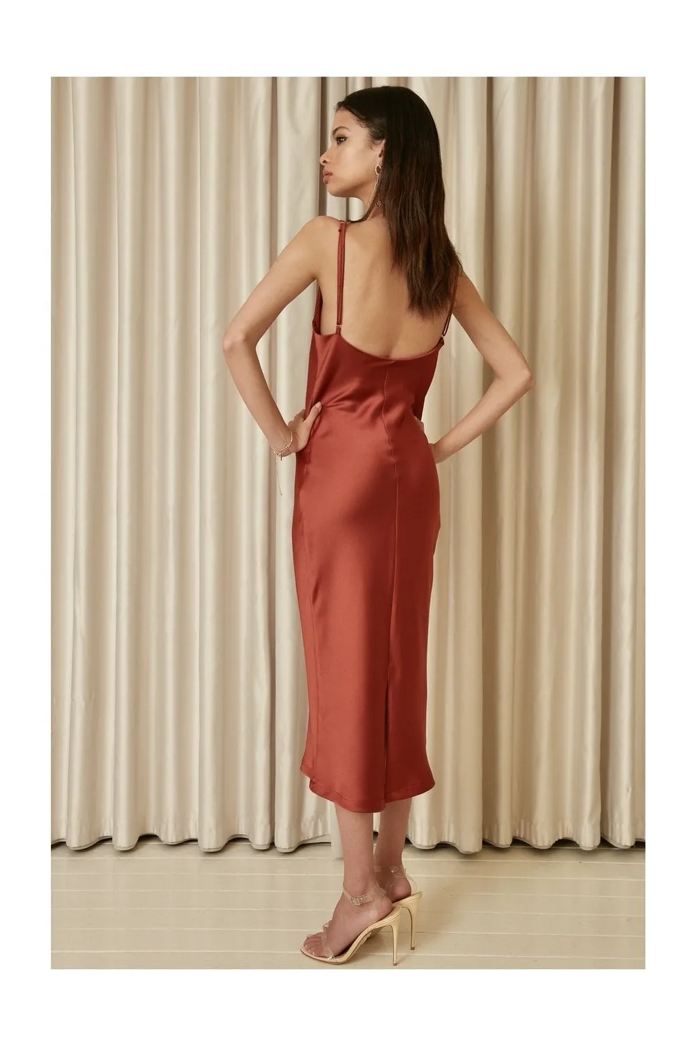 Cowl Neck Satin Slip Cami Midi Dress Rust Red