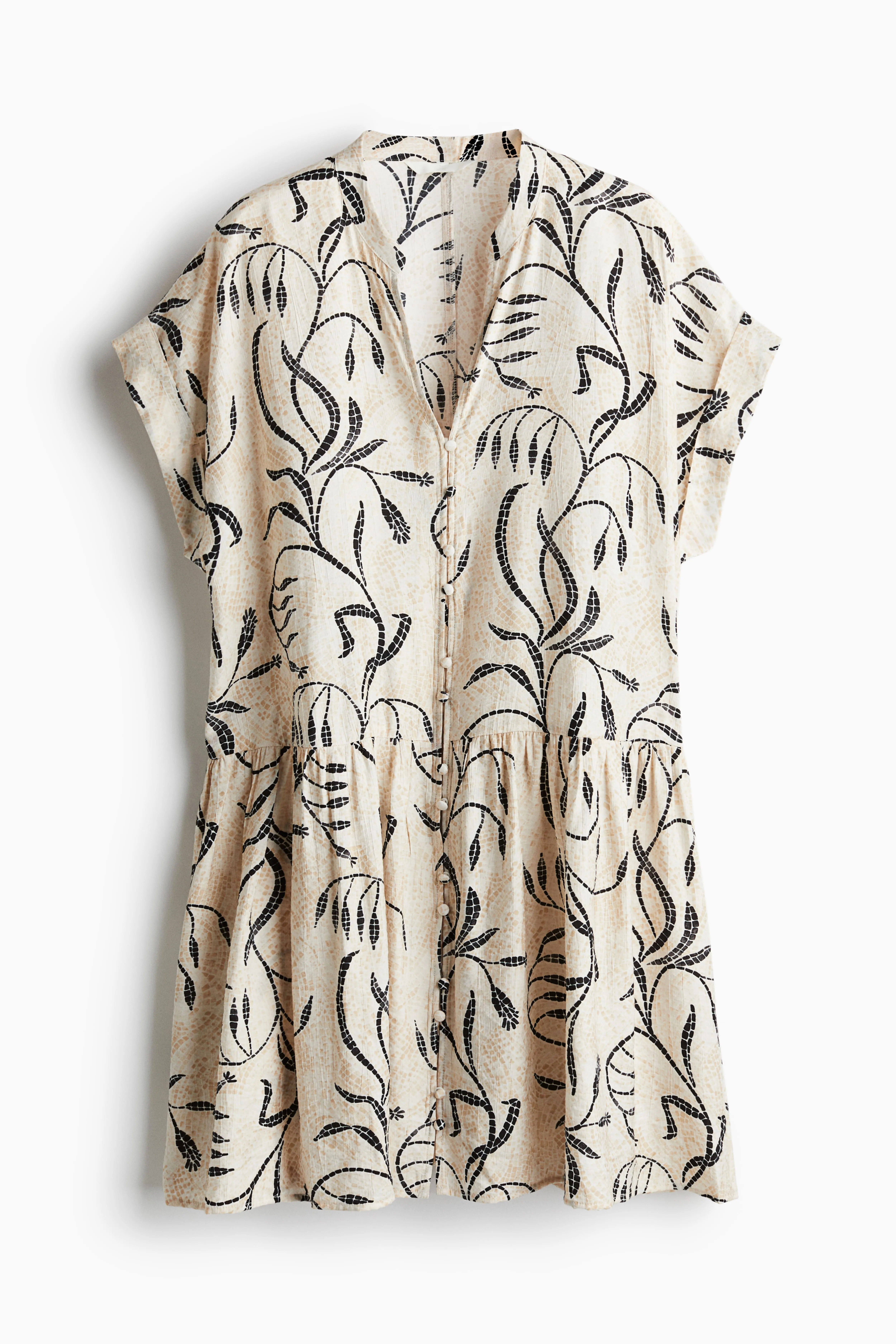 Crinkled tunic dress - V-neck - Short sleeve - Light beige/Patterned - Ladies | H&M GB