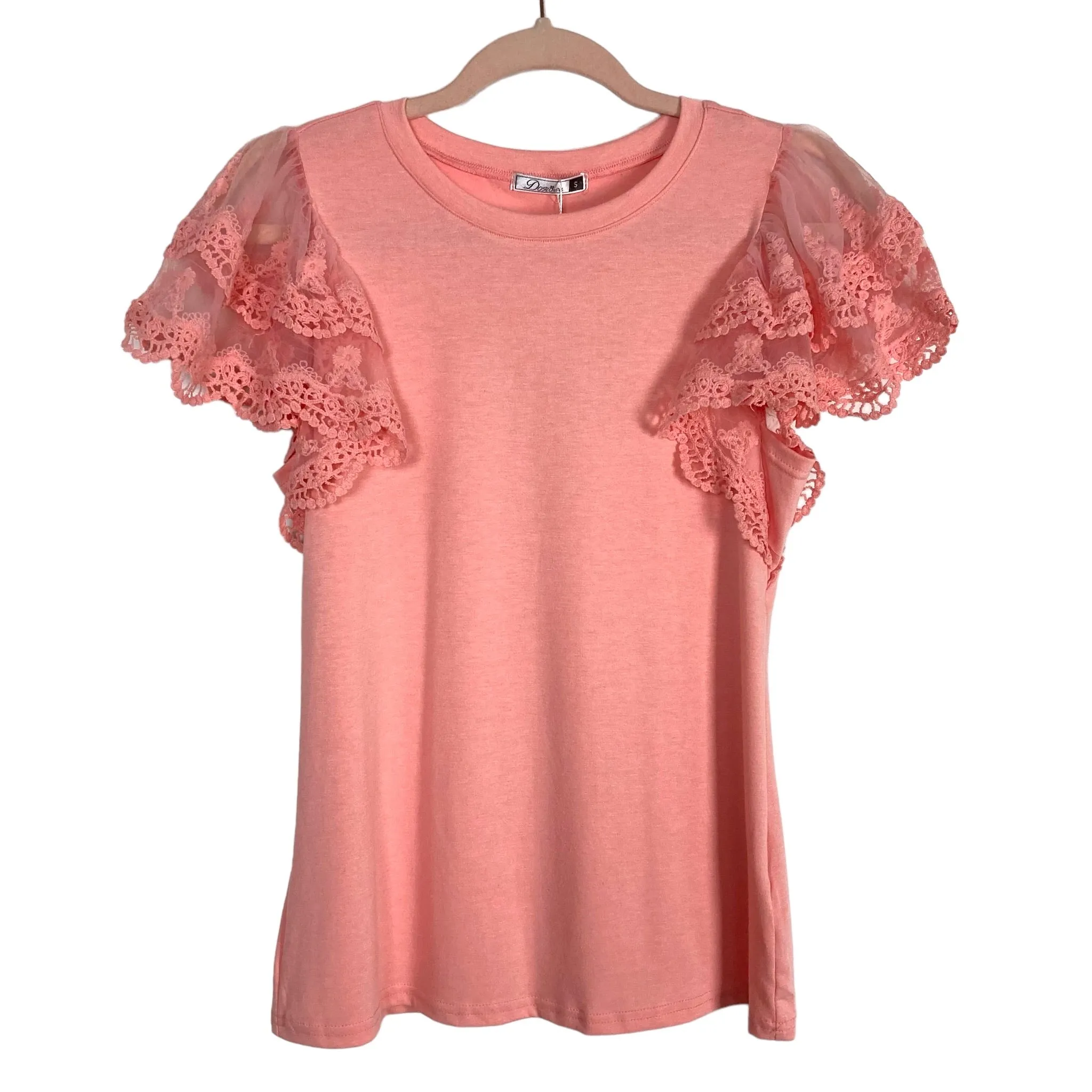 Dorose Pink Ruffle Sheer Crochet Trim Sleeve Top NWT- Size S