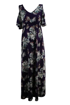 Eggplant Purple French Grey Maternity Floral Shoulder Cut Out Maternity Dress (Like New - Size X-Small)