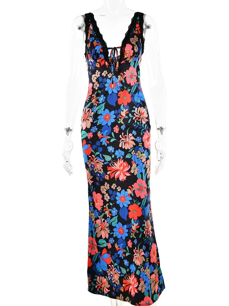 Elegant V-neck Slip Floral Print Satin Maxi Dress For Women Summer