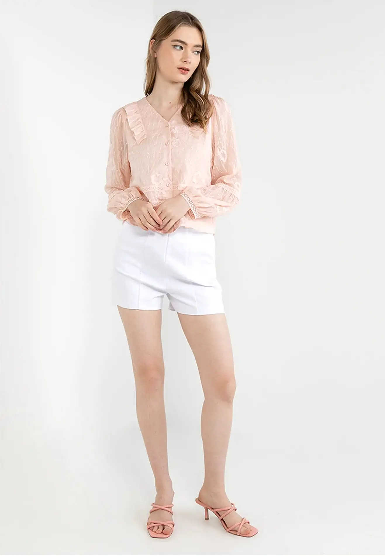 ELLE Apparel Blossom Lace Long Sleeves Button Blouse