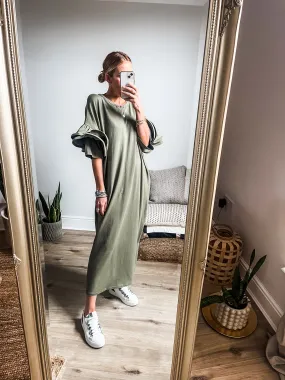 Exaggerated Ruffle Sleeve T-Shirt Midi Dress