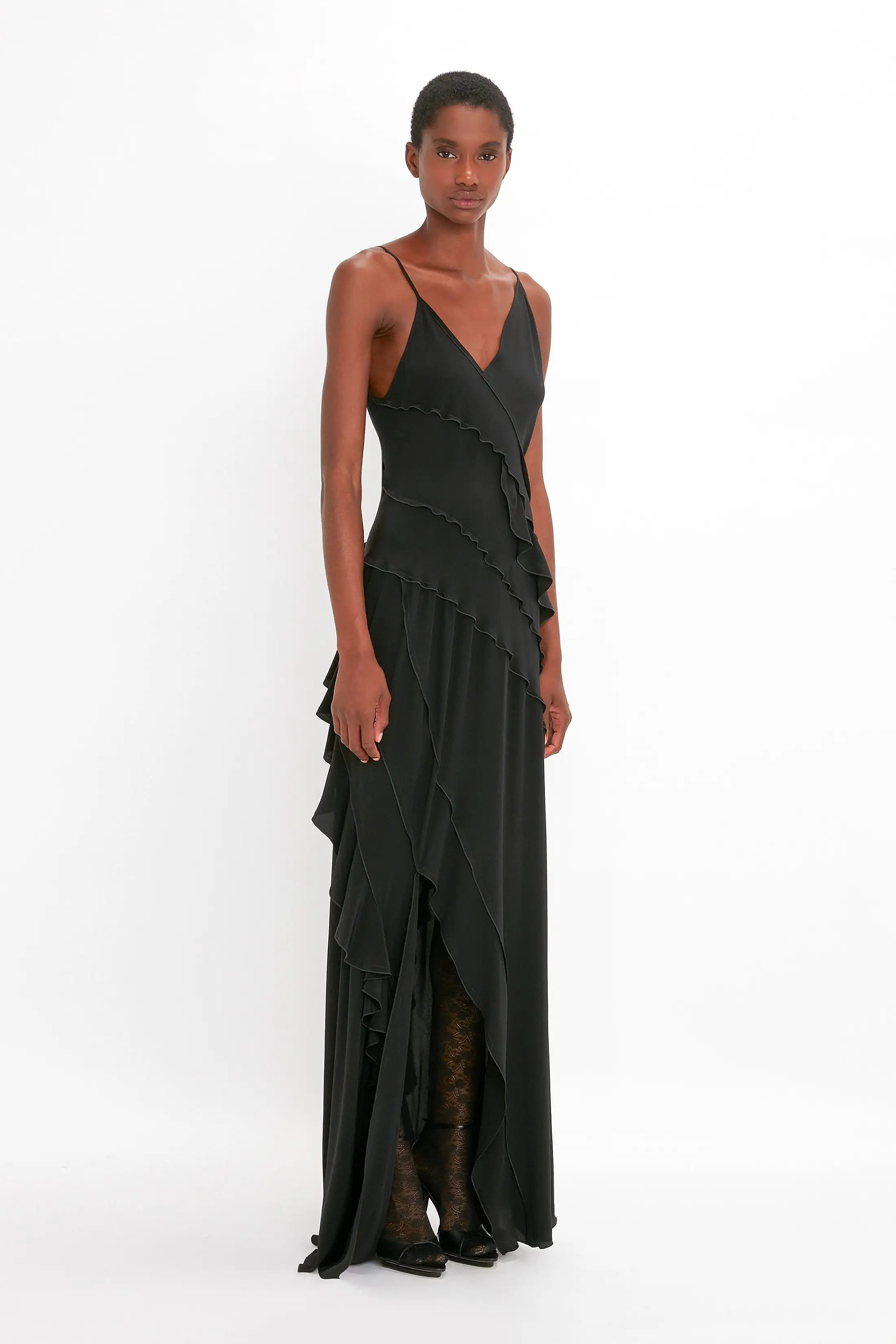 Exclusive Asymmetric Bias Frill Dress In Black