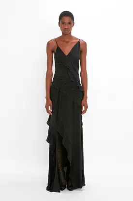 Exclusive Asymmetric Bias Frill Dress In Black