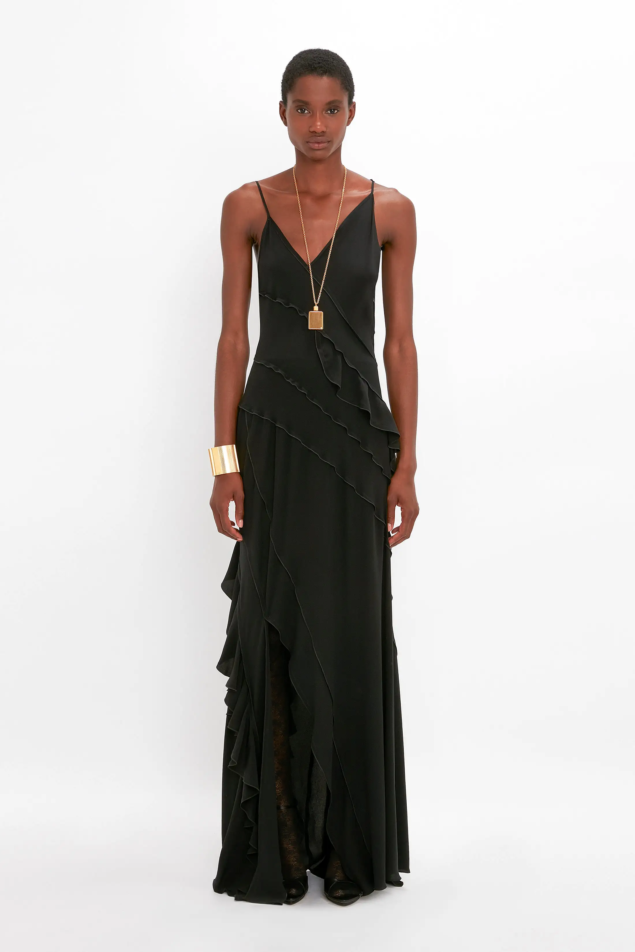 Exclusive Asymmetric Bias Frill Dress In Black