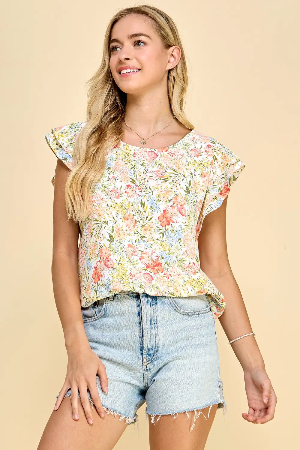 Floral Print Ruffle Sleeve Top - Coral