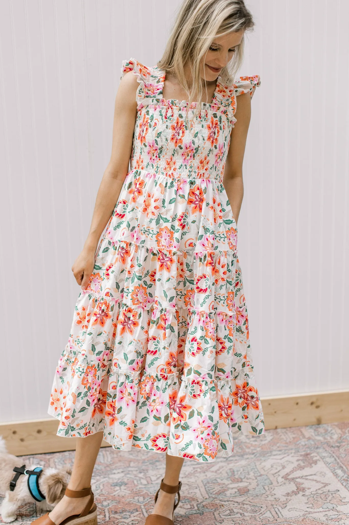 Floral Ruffle Sleeve Midi Dress