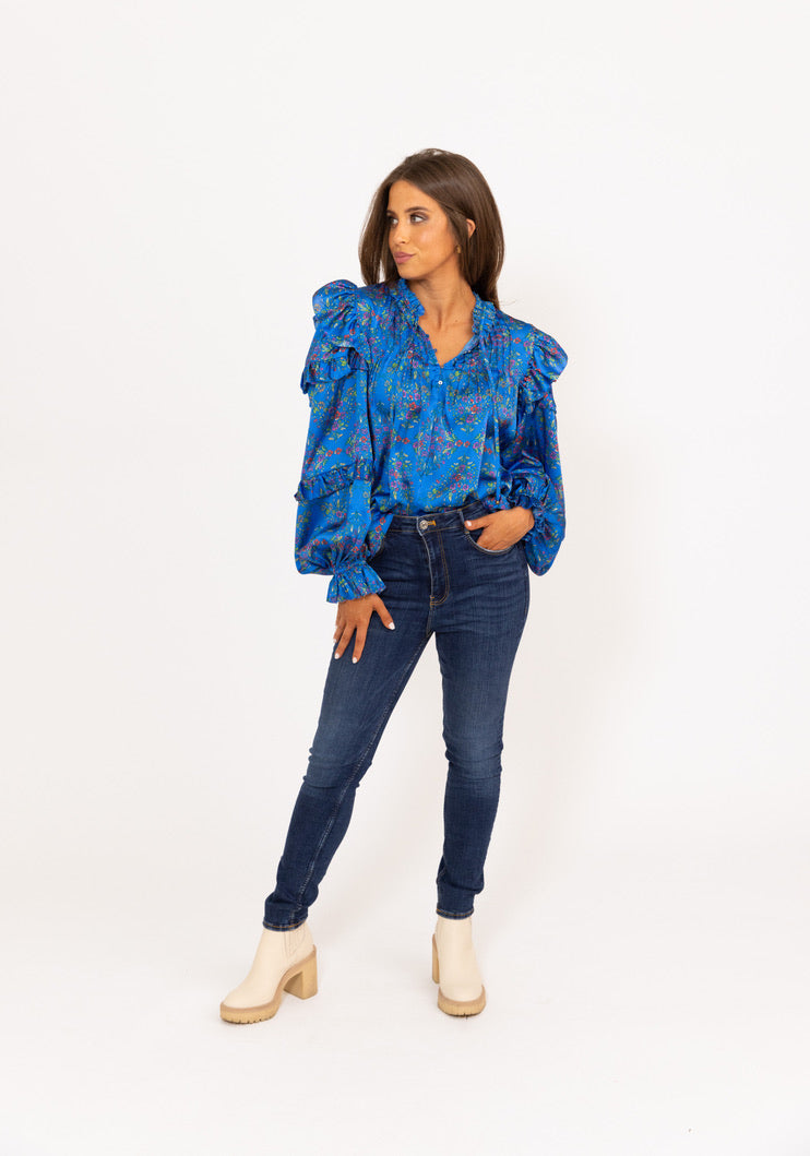 Floral Satin Ruffle Sleeve Top