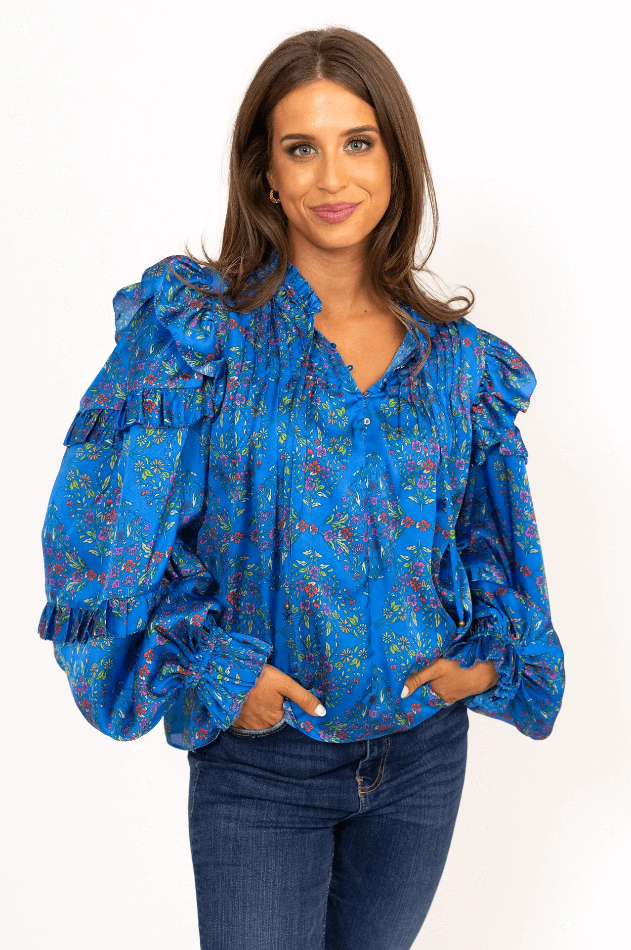 Floral Satin Ruffle Sleeve Top