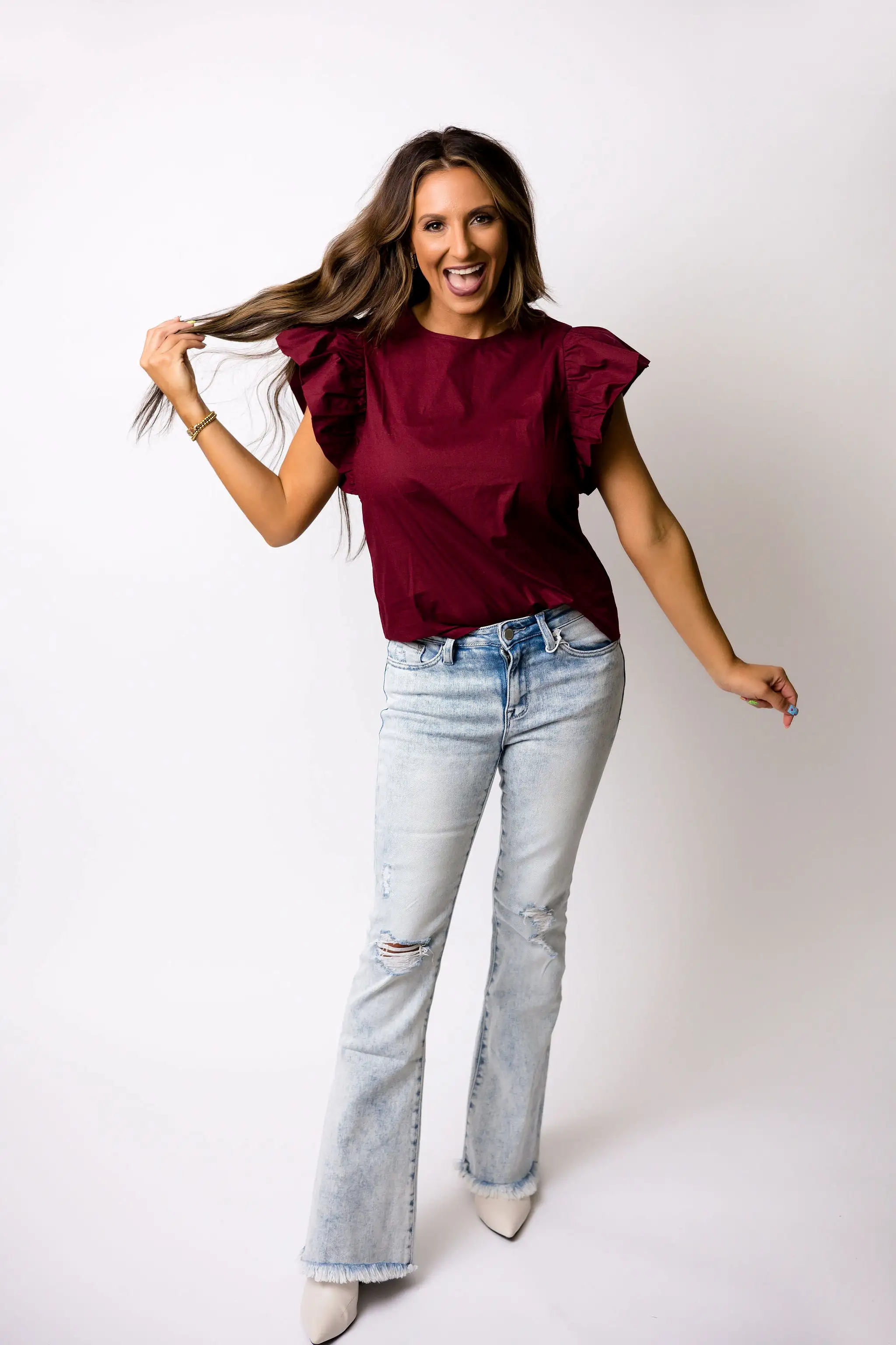 Friday Night Lights Ruffle Sleeve Top - Burgundy