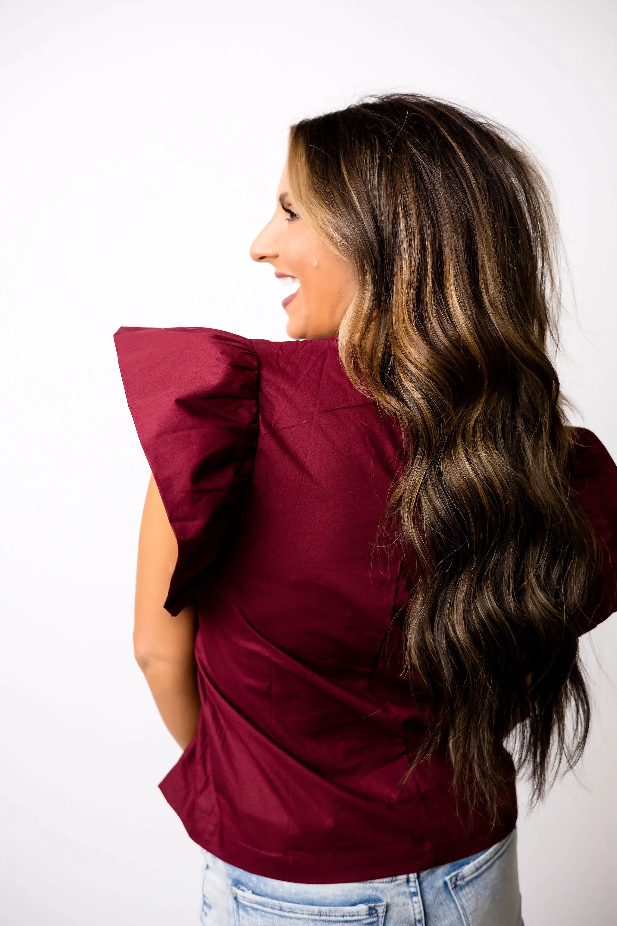 Friday Night Lights Ruffle Sleeve Top - Burgundy