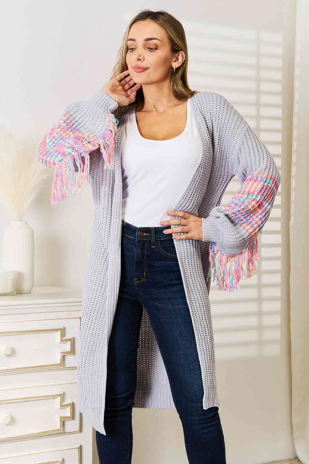 Fringe Sleeve Dropped Shoulder Cardigan in Cloudy Blue