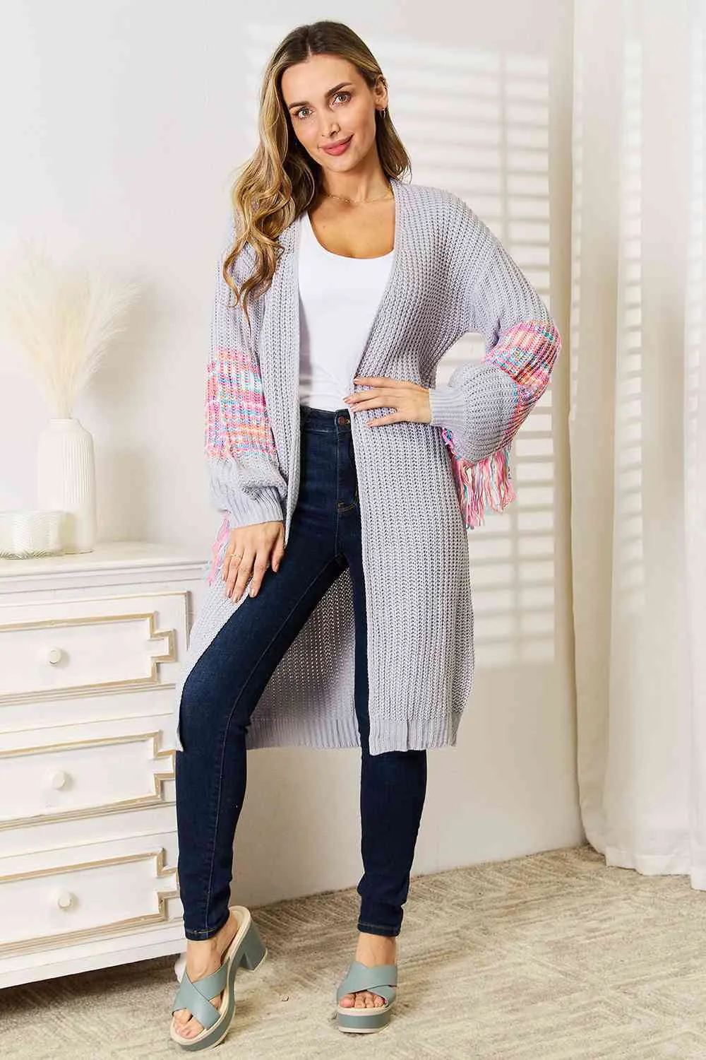 Fringe Sleeve Dropped Shoulder Cardigan in Cloudy Blue