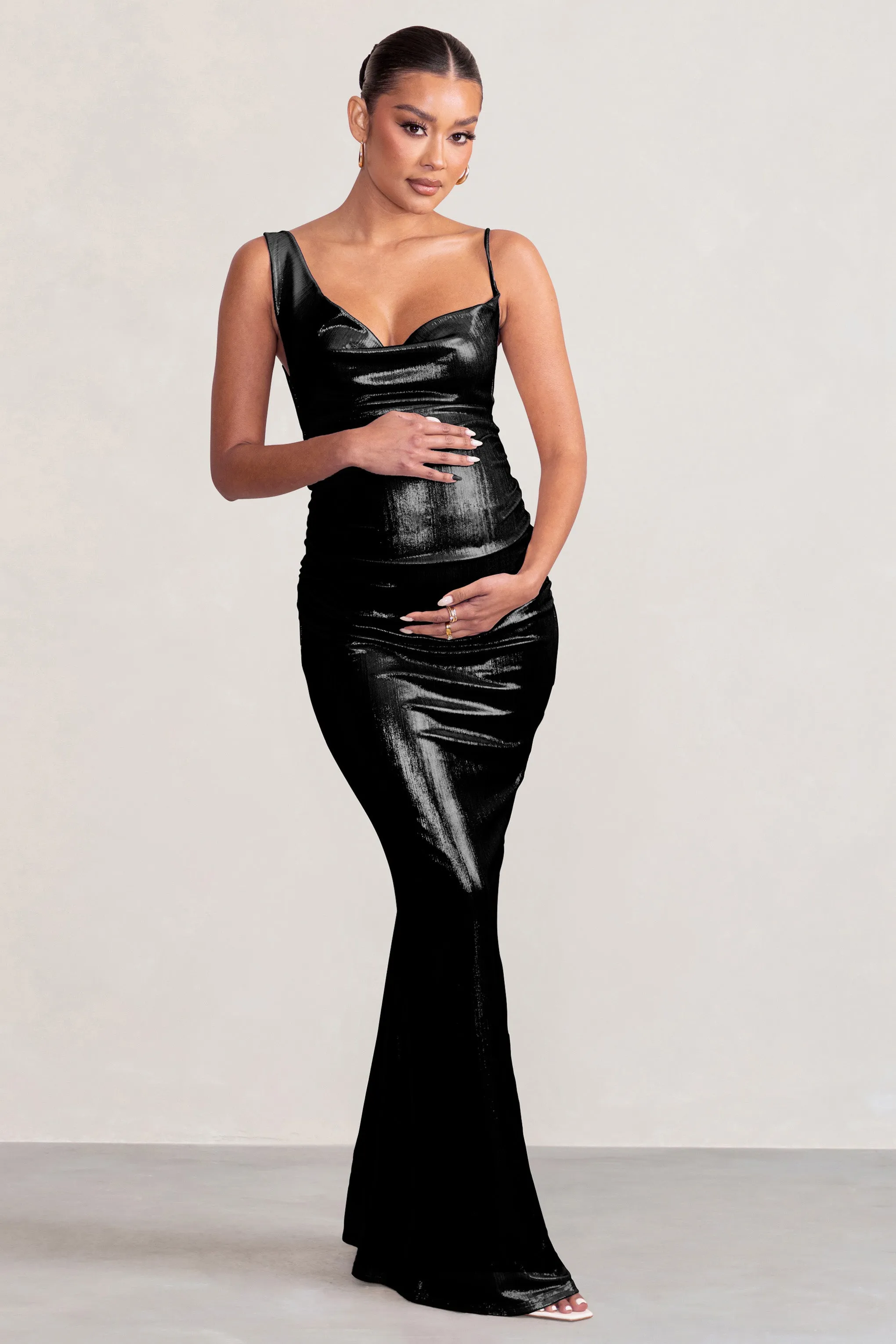 Galaxy Shimmer | Black Maternity Cowl Neck Maxi Dress