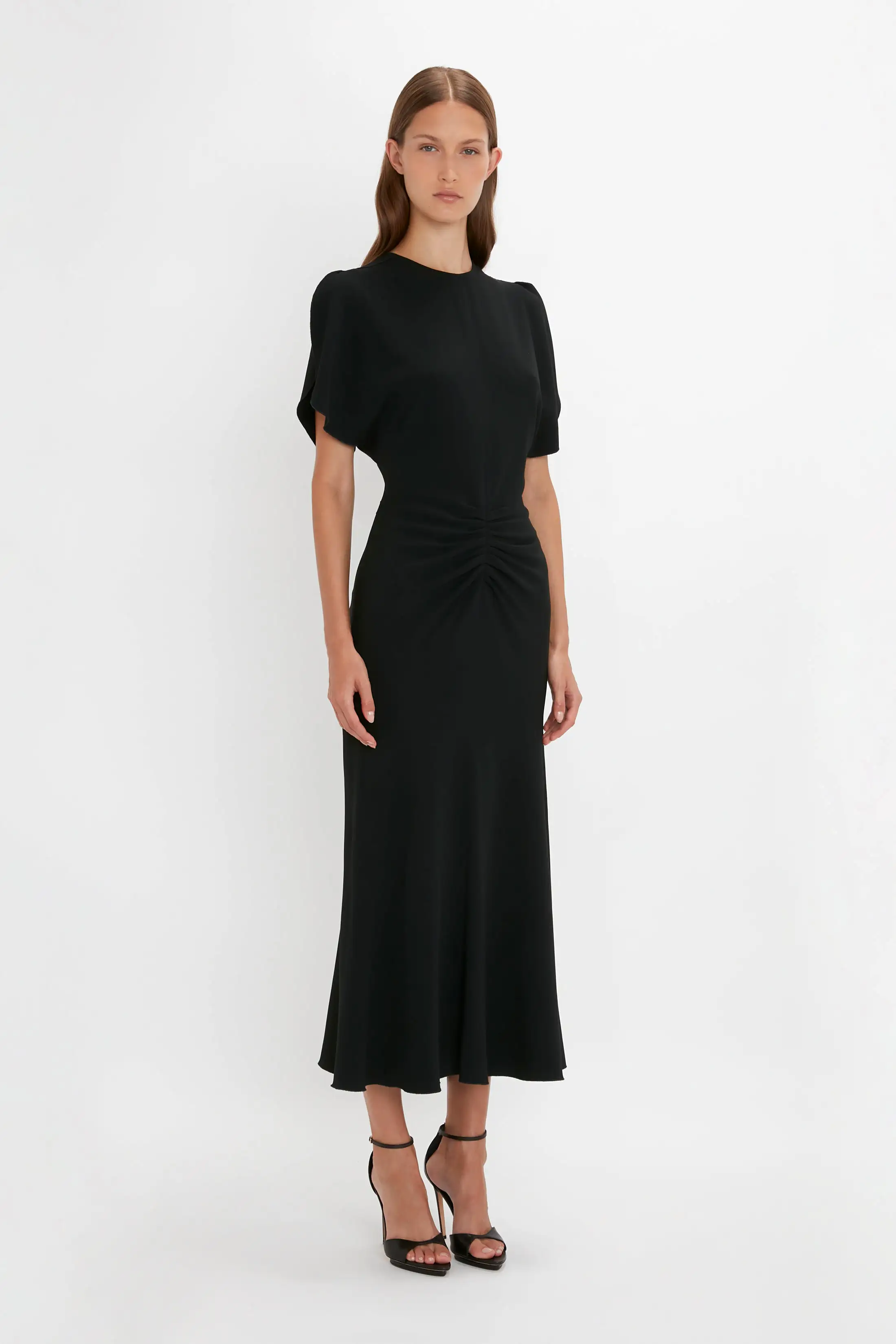 Gathered Waist Midi Dress In Black