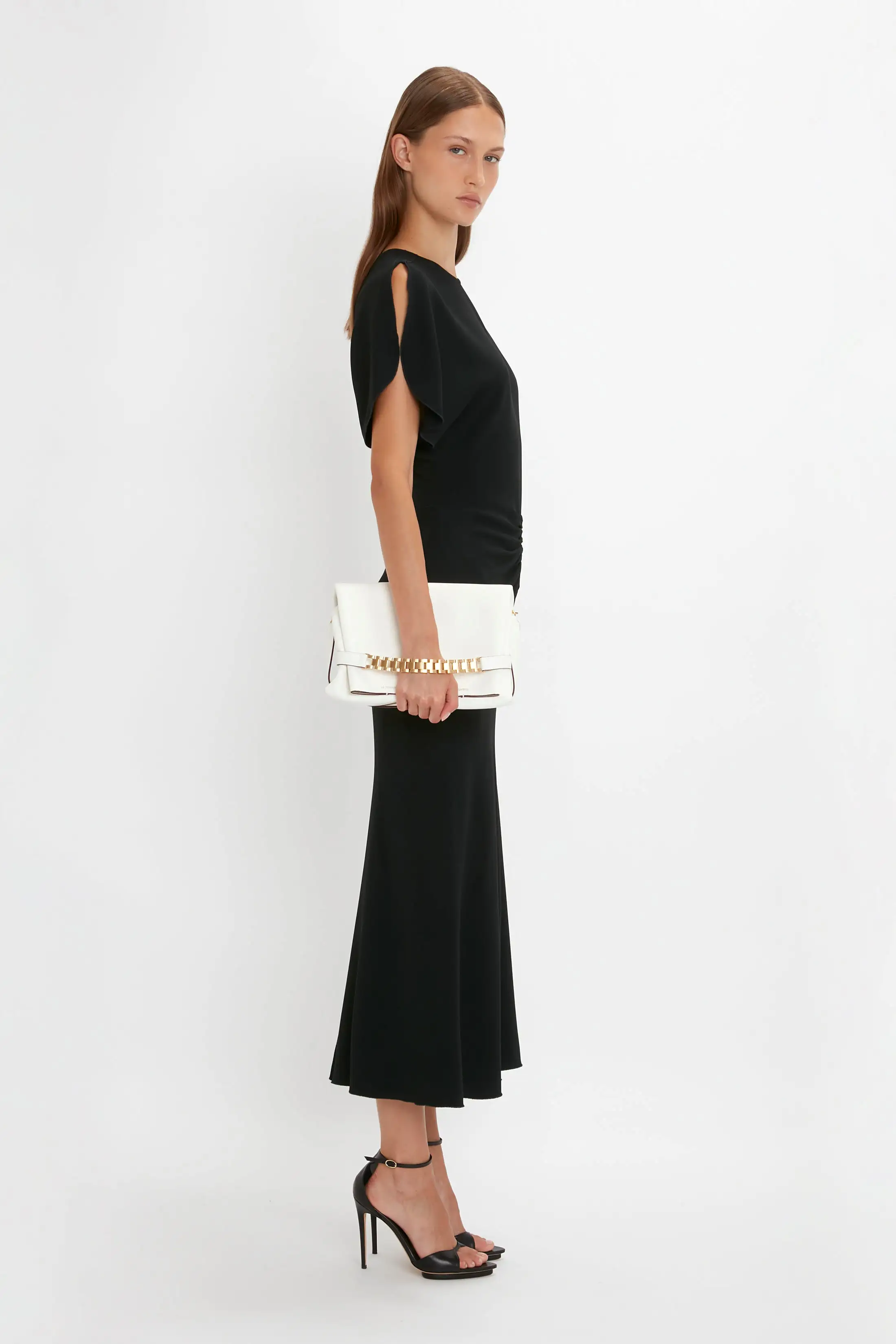 Gathered Waist Midi Dress In Black