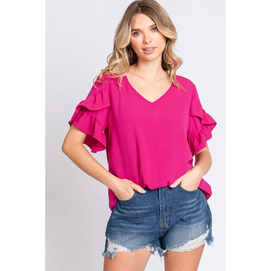 GeeGee V-Neck Ruffle Trim Short Sleeve Blouse